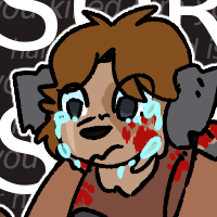 a drawing of pantheon smp mythicalsausage. he is drawn as an anthro yorkie. he is holding his dying brother in his arms. they are both covered in blood, and sausage has small bloody pawprints on his clothes and face. 

behind them are the words, repeated 16 times and alternating lines, "you killed him" and "his blood is on your hands". two lines are colored red. overlayed over that text, larger, is "im sorry" repeated 4 times